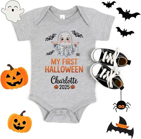 Personalized My First Halloween Baby Romper, 2025 Pumpkin Ghost Bodysuit for Boys Girls, Cute Fall Baby Outfit in Kuwait