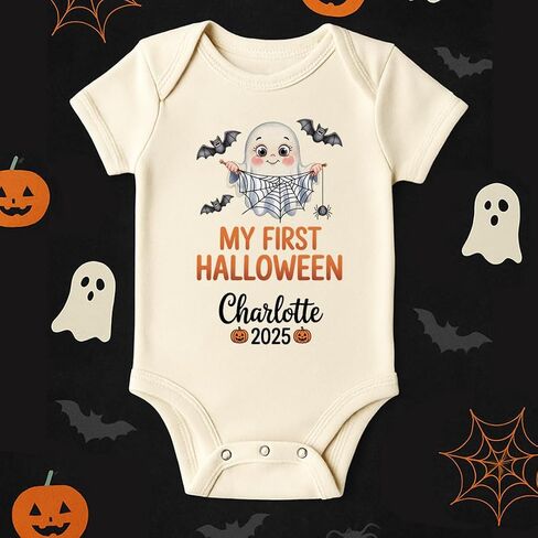 Personalized My First Halloween Baby Romper, 2025 Pumpkin Ghost Bodysuit for Boys Girls, Cute Fall Baby Outfit in Kuwait