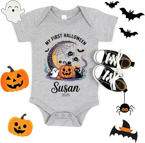 Personalized My First Halloween Baby Romper, 2025 Pumpkin Ghost Bodysuit for Boys Girls, Cute Fall Baby Outfit in Kuwait