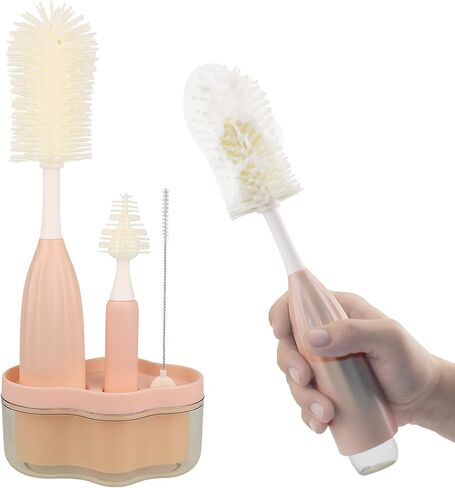 مجموعة فرشاة تنظيف زجاجة الأطفال - فرشاة زجاجة مبتكرة للسيليكون مع فرشاة فرشاة وفرشاة قش + موقف تخزين (بيج) in Kuwait