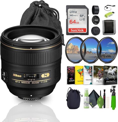 Nikon AF-S Nikkor FX 85mm f/1.4g Auto Focus Lens + بطاقة الذاكرة محفظة + 64 جيجابايت بطاقة الذاكرة + قارئ بطاقة + 3 قطعة مرشح + 12 بوصة Flex Tripod + Photo Cap + المزيد in Saudi Arabia
