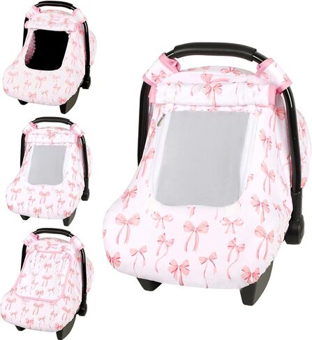 Baby Car Seat Cover, Windproof Carseat Cover for Infant Girls, Infant Warm Carseat Canopy with Double Layer Fabric for Winter, Compatible with Most Baby Car Seat, Bow in Kuwait