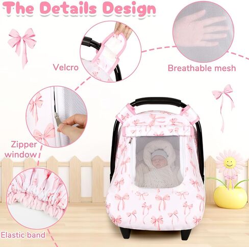 Baby Car Seat Cover, Windproof Carseat Cover for Infant Girls, Infant Warm Carseat Canopy with Double Layer Fabric for Winter, Compatible with Most Baby Car Seat, Bow in Kuwait