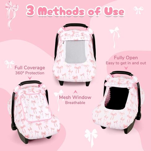 Baby Car Seat Cover, Windproof Carseat Cover for Infant Girls, Infant Warm Carseat Canopy with Double Layer Fabric for Winter, Compatible with Most Baby Car Seat, Bow in Kuwait
