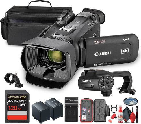 Canon XA60 PAL Professional UHD 4K Camcorder + 128GB Memory Card + Replacement Battery + Charger + Camera Bag + 58MM UV Filter + Protective Memory Card Case + Cleaning Kit + More (Renewed) in Saudi Arabia