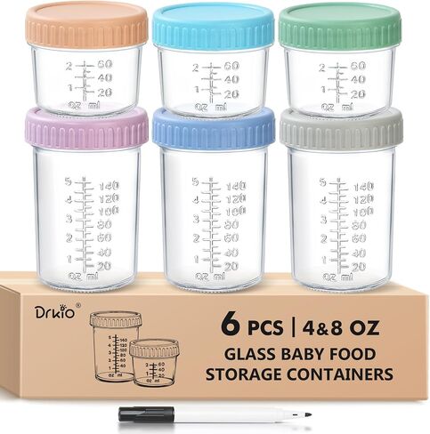 حاويات Drkio 6 Pack Glass Baby Food Storage - 4 & 8 Oz Baby Food Swars with Lids Baby Food Maker Microwave Freezer Safe 100 ٪ BPA Free in Kuwait