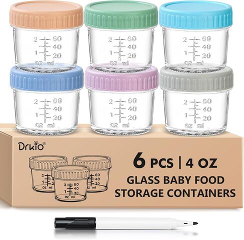 حاويات Drkio 6 Pack Glass Baby Food Storage - 4 & 8 Oz Baby Food Swars with Lids Baby Food Maker Microwave Freezer Safe 100 ٪ BPA Free in Kuwait