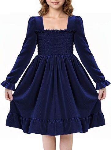 JiAmy Toddler Velvet Dress Girls Puff Long Sleeve Smocked Square Neck Fall Winter Party Dresses in Saudi Arabia