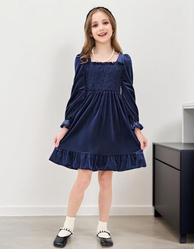 JiAmy Toddler Velvet Dress Girls Puff Long Sleeve Smocked Square Neck Fall Winter Party Dresses in Saudi Arabia