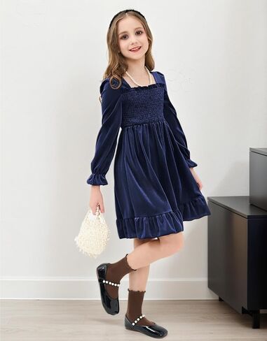 JiAmy Toddler Velvet Dress Girls Puff Long Sleeve Smocked Square Neck Fall Winter Party Dresses in Saudi Arabia