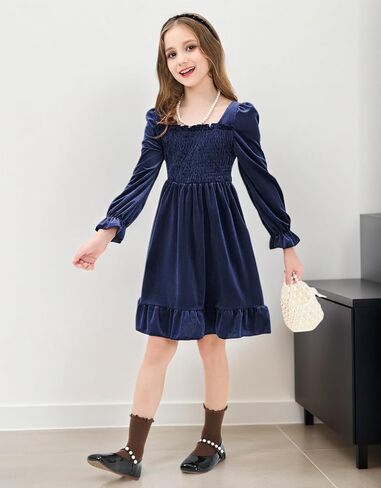 JiAmy Toddler Velvet Dress Girls Puff Long Sleeve Smocked Square Neck Fall Winter Party Dresses in Saudi Arabia