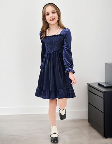 JiAmy Toddler Velvet Dress Girls Puff Long Sleeve Smocked Square Neck Fall Winter Party Dresses in Saudi Arabia