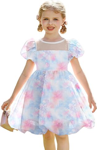 Arshiner Toddler Girls Dress Contrast Mesh Puff Short Sleeve Flowy Bubble Hem Organza Casual Party Dresses Size 2-6 in Saudi Arabia