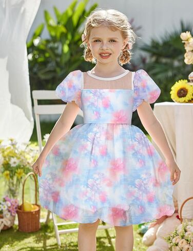 Arshiner Toddler Girls Dress Contrast Mesh Puff Short Sleeve Flowy Bubble Hem Organza Casual Party Dresses Size 2-6 in Saudi Arabia