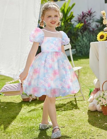 Arshiner Toddler Girls Dress Contrast Mesh Puff Short Sleeve Flowy Bubble Hem Organza Casual Party Dresses Size 2-6 in Saudi Arabia
