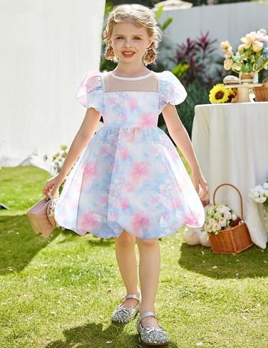 Arshiner Toddler Girls Dress Contrast Mesh Puff Short Sleeve Flowy Bubble Hem Organza Casual Party Dresses Size 2-6 in Saudi Arabia