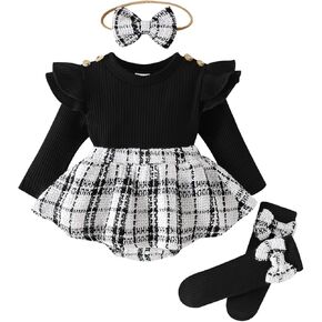 Newborn Baby Girl Plaid Outfits Long Sleeve Ruffled Romper Bodysuit with Bow Headband Socks Fall Winter Clothes in Kuwait
