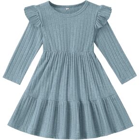 Toddler Girls Dresses Ribbed Knit Ruffle Baby Fall Winter Long Sleeve Toddler Dresses for Girls Casual Birthday Party in Kuwait