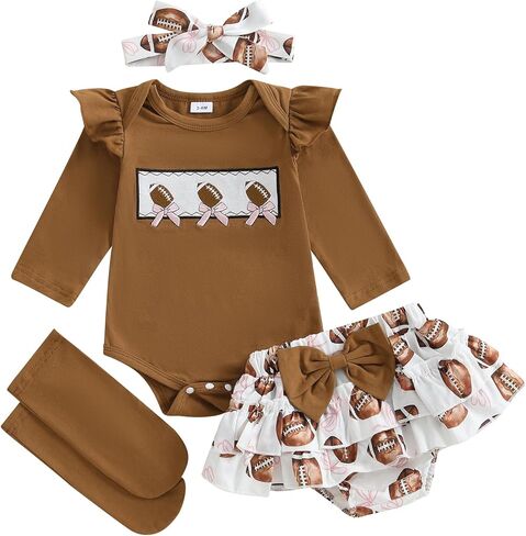 Newborn Baby Girl Football Outfit Rugby Print Long Sleeve Romper Bloomers Shorts Socks Headband Fall Clothes 4Pcs in Saudi Arabia