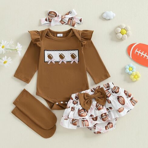 Newborn Baby Girl Football Outfit Rugby Print Long Sleeve Romper Bloomers Shorts Socks Headband Fall Clothes 4Pcs in Saudi Arabia