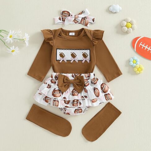 Newborn Baby Girl Football Outfit Rugby Print Long Sleeve Romper Bloomers Shorts Socks Headband Fall Clothes 4Pcs in Saudi Arabia