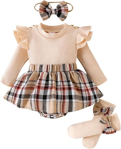 Newborn Baby Girl Plaid Outfits Long Sleeve Ruffled Romper Bodysuit with Bow Headband Socks Fall Winter Clothes in Saudi Arabia