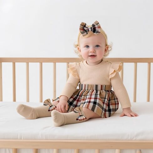 Newborn Baby Girl Plaid Outfits Long Sleeve Ruffled Romper Bodysuit with Bow Headband Socks Fall Winter Clothes in Saudi Arabia