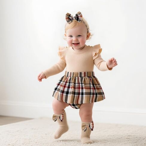 Newborn Baby Girl Plaid Outfits Long Sleeve Ruffled Romper Bodysuit with Bow Headband Socks Fall Winter Clothes in Saudi Arabia