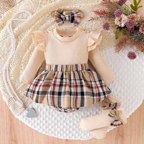 Newborn Baby Girl Plaid Outfits Long Sleeve Ruffled Romper Bodysuit with Bow Headband Socks Fall Winter Clothes in Saudi Arabia