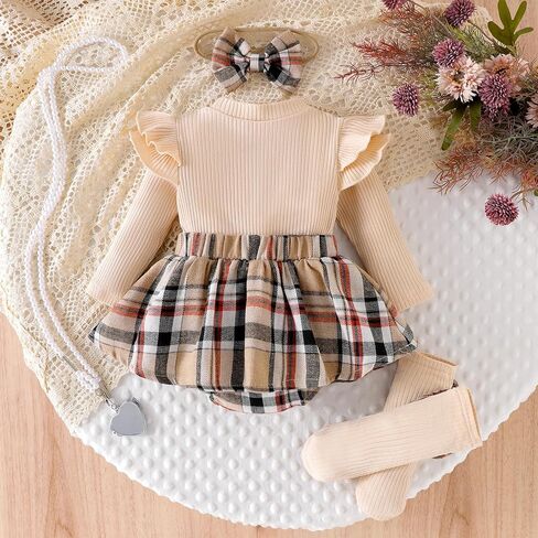 Newborn Baby Girl Plaid Outfits Long Sleeve Ruffled Romper Bodysuit with Bow Headband Socks Fall Winter Clothes in Saudi Arabia