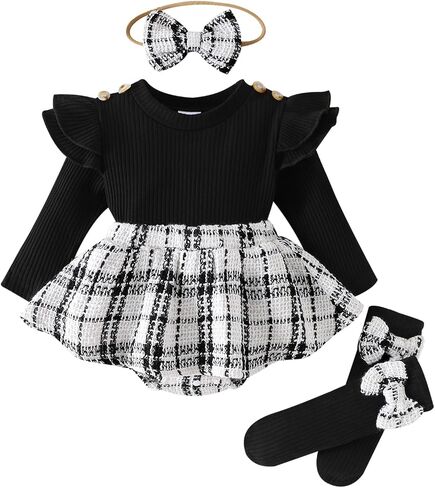 Newborn Baby Girl Plaid Outfits Long Sleeve Ruffled Romper Bodysuit with Bow Headband Socks Fall Winter Clothes in Kuwait