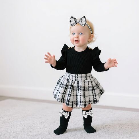 Newborn Baby Girl Plaid Outfits Long Sleeve Ruffled Romper Bodysuit with Bow Headband Socks Fall Winter Clothes in Kuwait