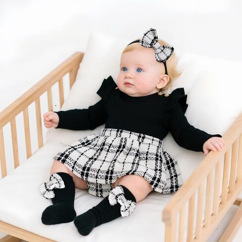 Newborn Baby Girl Plaid Outfits Long Sleeve Ruffled Romper Bodysuit with Bow Headband Socks Fall Winter Clothes in Kuwait
