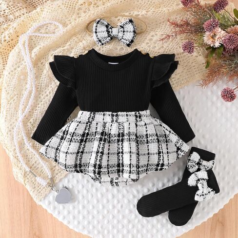 Newborn Baby Girl Plaid Outfits Long Sleeve Ruffled Romper Bodysuit with Bow Headband Socks Fall Winter Clothes in Kuwait