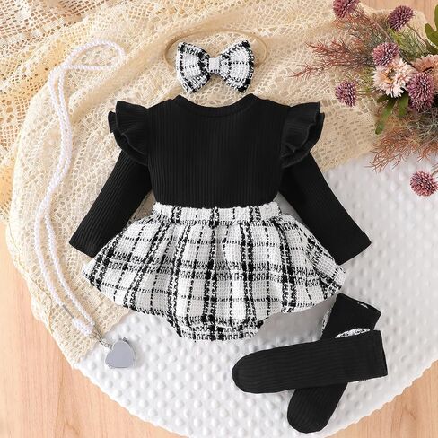 Newborn Baby Girl Plaid Outfits Long Sleeve Ruffled Romper Bodysuit with Bow Headband Socks Fall Winter Clothes in Kuwait