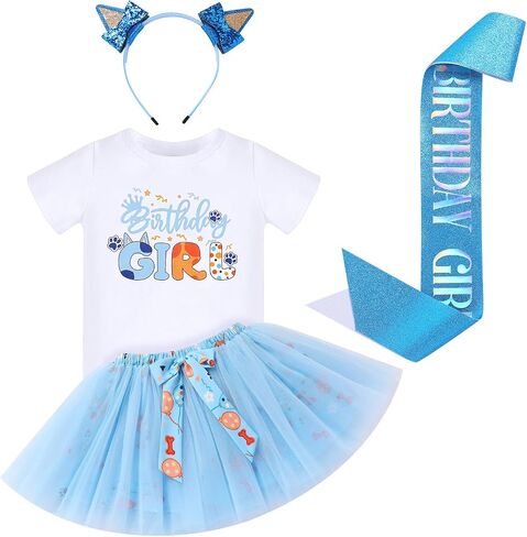 Obeeii Blue Birthday Girl Girl Thirt + Ears Beadband + Tutu Skirt Smoop Smash Smash Smash Photoft in Kuwait
