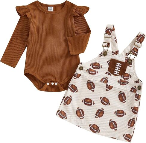 Karuedoo Toddler Baby Girl Football Outfit Frill Long Sleeve Ribbed Knit Romper Rugby Overall Dress Outfit Set Fall Clothes in Saudi Arabia