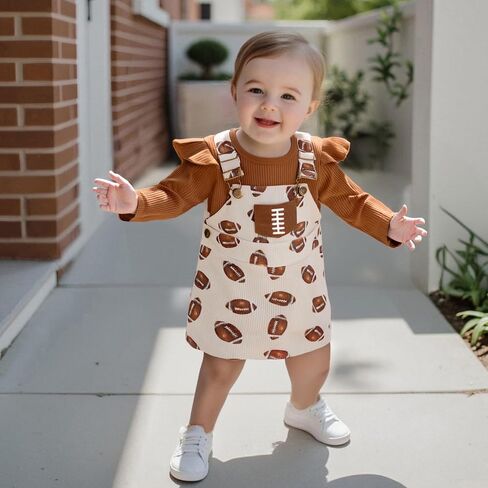 Karuedoo Toddler Baby Girl Football Outfit Frill Long Sleeve Ribbed Knit Romper Rugby Overall Dress Outfit Set Fall Clothes in Saudi Arabia