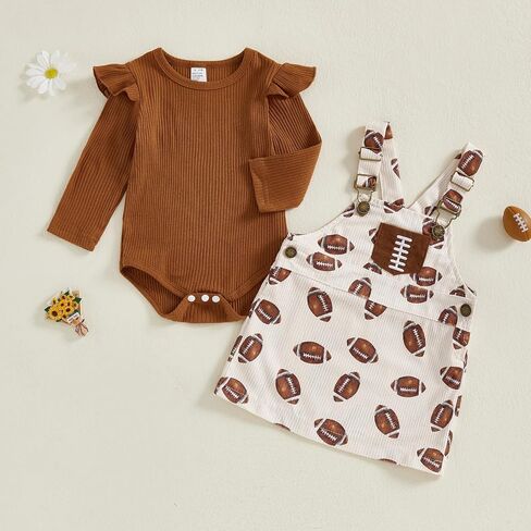 Karuedoo Toddler Baby Girl Football Outfit Frill Long Sleeve Ribbed Knit Romper Rugby Overall Dress Outfit Set Fall Clothes in Saudi Arabia