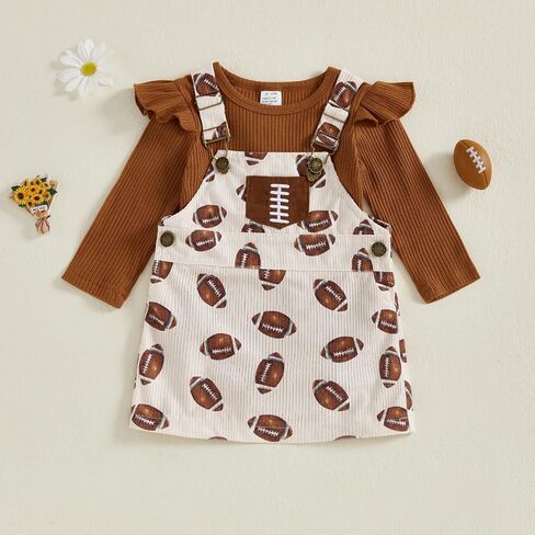 Karuedoo Toddler Baby Girl Football Outfit Frill Long Sleeve Ribbed Knit Romper Rugby Overall Dress Outfit Set Fall Clothes in Saudi Arabia