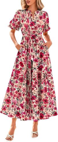 Womens Summer Boho Maxi Dresses Casual V Neck Short Sleeve Button Flowy Beach Vacation Dress with Pockets in Saudi Arabia