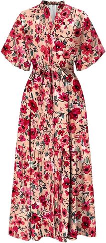 Womens Summer Boho Maxi Dresses Casual V Neck Short Sleeve Button Flowy Beach Vacation Dress with Pockets in Saudi Arabia