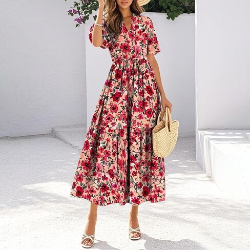 Womens Summer Boho Maxi Dresses Casual V Neck Short Sleeve Button Flowy Beach Vacation Dress with Pockets in Saudi Arabia