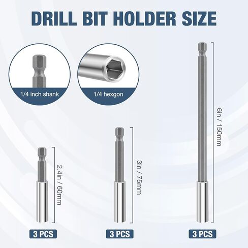 Drill Bit Holder 2.4/3/6’’, Drill Bit Extension 9 Pcs, Magnetic Bit Holder 1/4’’ Hex, Drill Extension Bit Holder CR-V Steel Quick Change for Screwdriver Bit Nut Drills Socket by XIOGZAXI in Kuwait