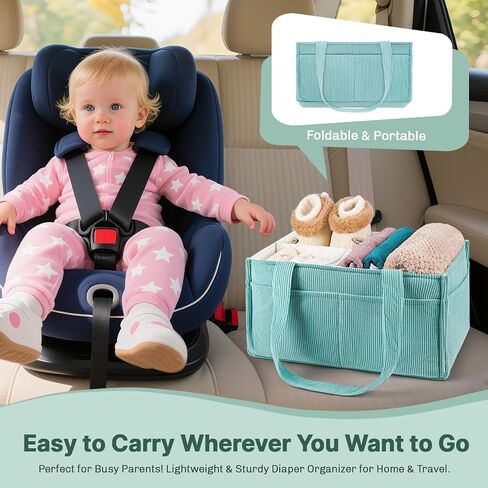 Baby Diaper Caddy Organizer - Portable Nursery Storage Basket for Newborn Essentials, Foldable Diaper Bag Organizer for Baby Shower Gifts and Registry Must-Haves, Car Organizer with Dividers (Blue) in Saudi Arabia