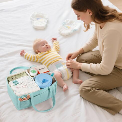 Baby Diaper Caddy Organizer - Portable Nursery Storage Basket for Newborn Essentials, Foldable Diaper Bag Organizer for Baby Shower Gifts and Registry Must-Haves, Car Organizer with Dividers (Blue) in Saudi Arabia