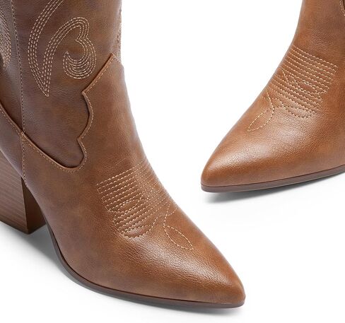 أحذية رعاة البقر من DREAM PAIRS للنساء، مريحة بالسحب على السحاب وكعب مكتنز ومقدمة مدببة ومطرزة على شكل راعية البقر الغربية أحذية عالية للركبة in Kuwait