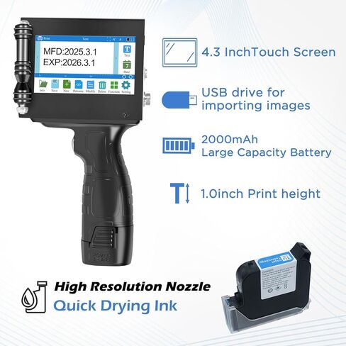 Portable Handheld Inkjet Printer with Black Quick-Drying Ink Cartridge for Text/Date/Logo/Batch Number/QR Code/Barcode, 4.3-inch Touch Screen, Print Height 0.08-1 Inch (ZM-C880) in Saudi Arabia