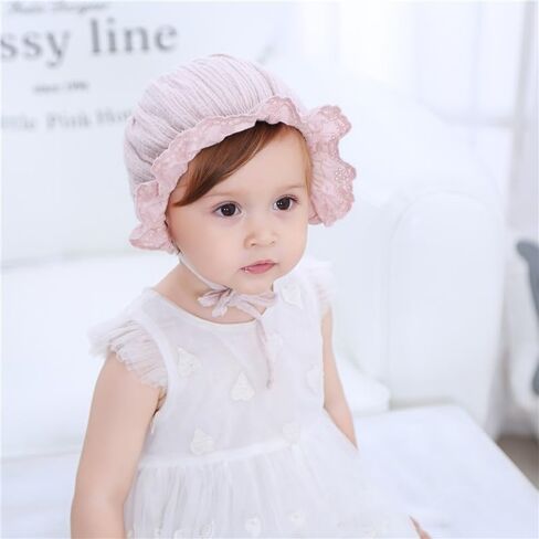 2PCS Baby-Sun-Christening-Hats - Soft Pink+White Bonnet Hat for Boys & Girls 3-12M, Newborn Soft Seersucker Summer Hat in Saudi Arabia