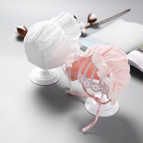 2PCS Baby-Sun-Christening-Hats - Soft Pink+White Bonnet Hat for Boys & Girls 3-12M, Newborn Soft Seersucker Summer Hat in Saudi Arabia